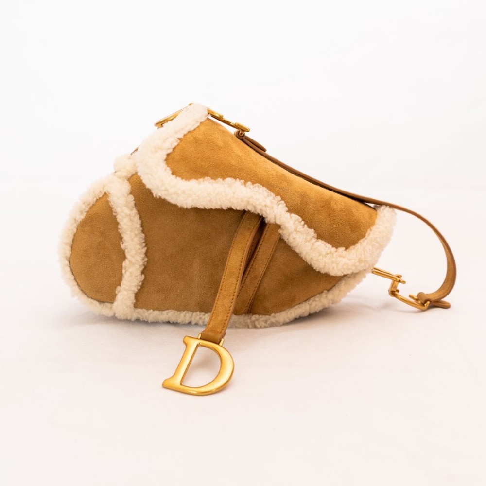 Dior Brown Shearling and Suède Saddle Bag with gold metal hardware