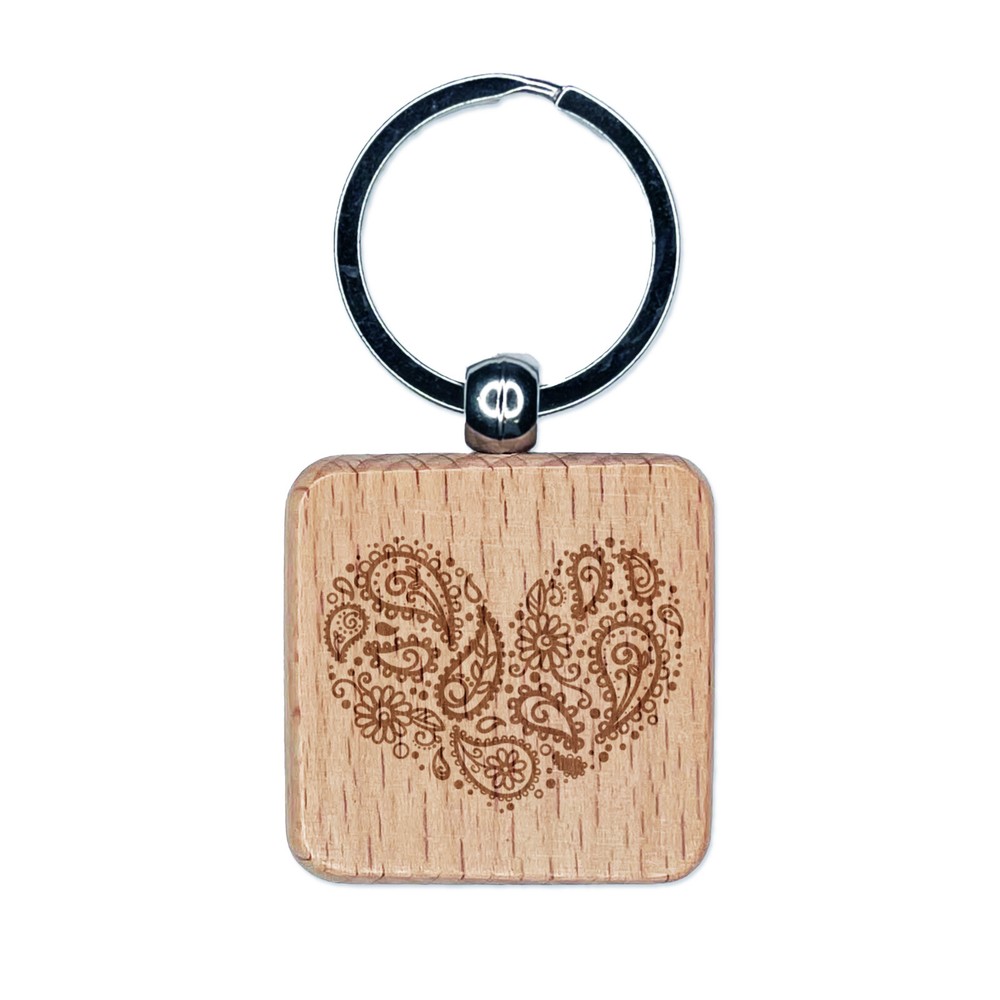 Paisley Heart Engraved Wood Square Keychain Tag Charm