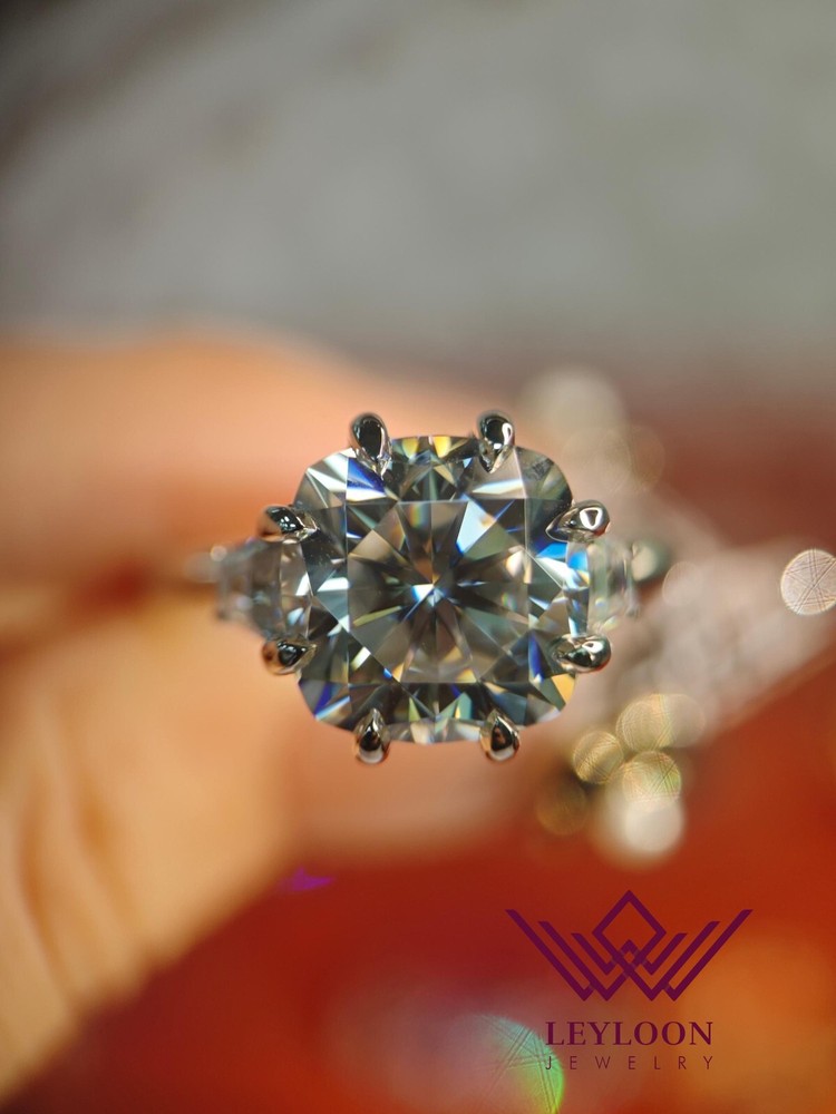 5.5 CTW Cushion Cut Moissanite Three-Stone Ring in 18K Gold with Double Claw Basket