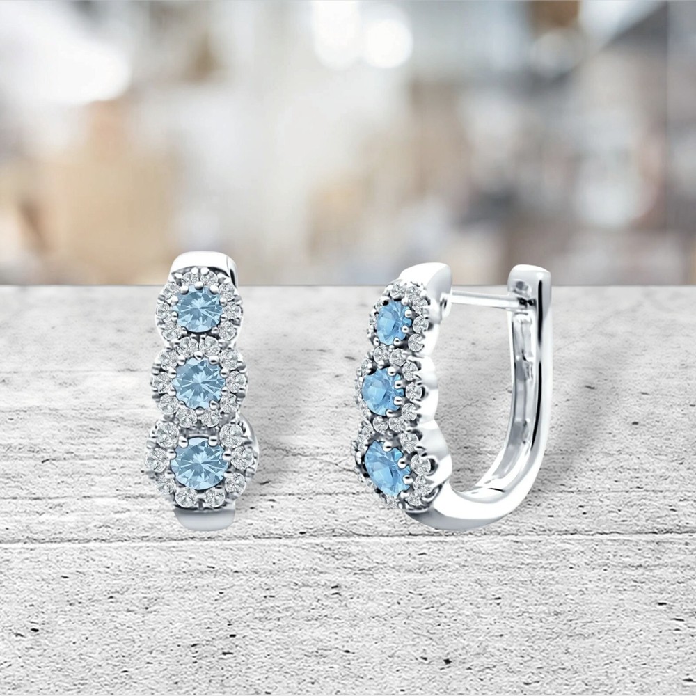 Genuine Aquamarine Halo Hoop Earrings in Solid Sterling Silver - 2 ct.
