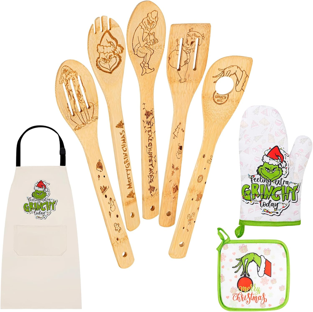 8-Piece Bamboo Christmas Kitchen Utensil Set - Green Monster Design Cooking Spoo