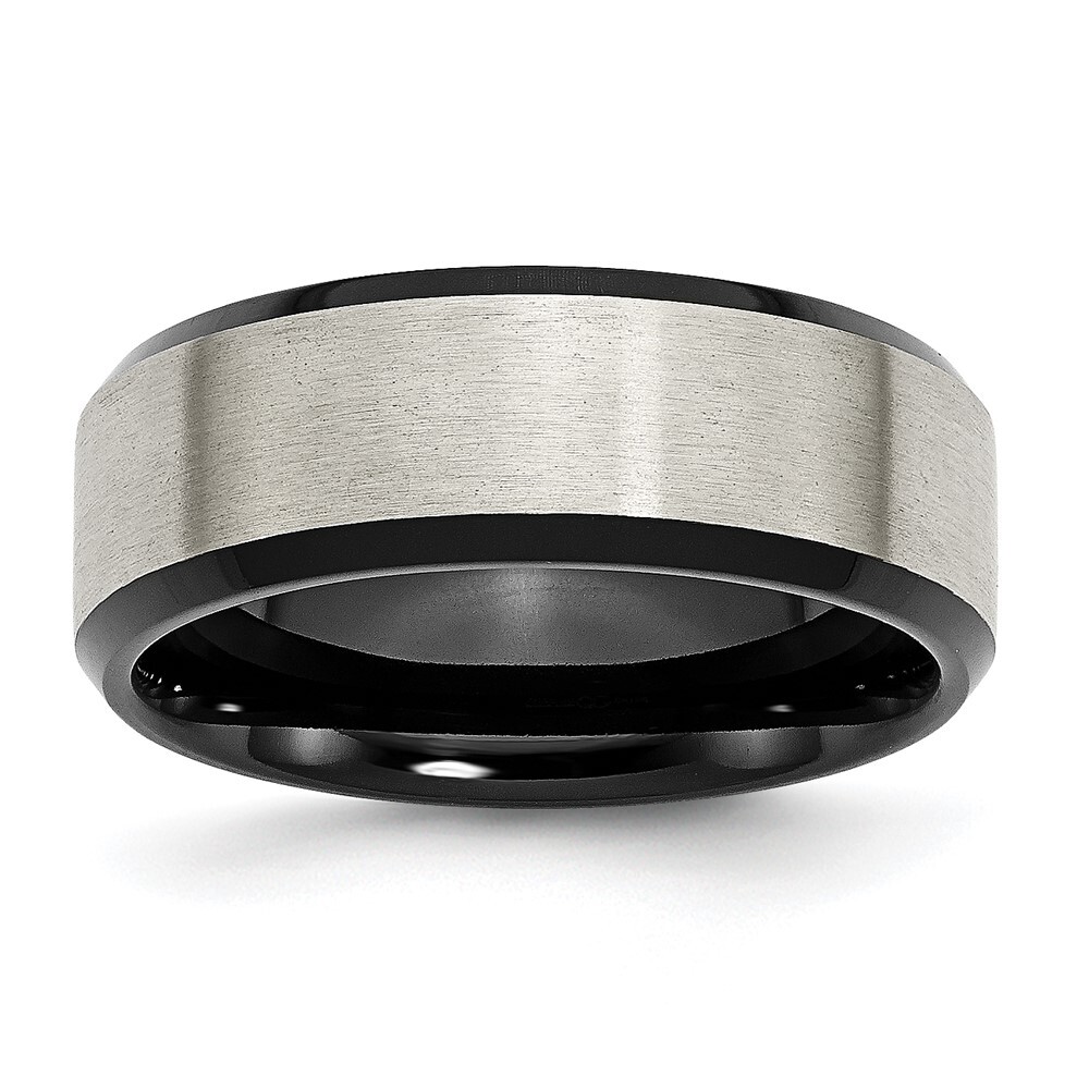 Titanium Brushed Center Black IP-plated 8mm Beveled Edge Band Ring Size 9