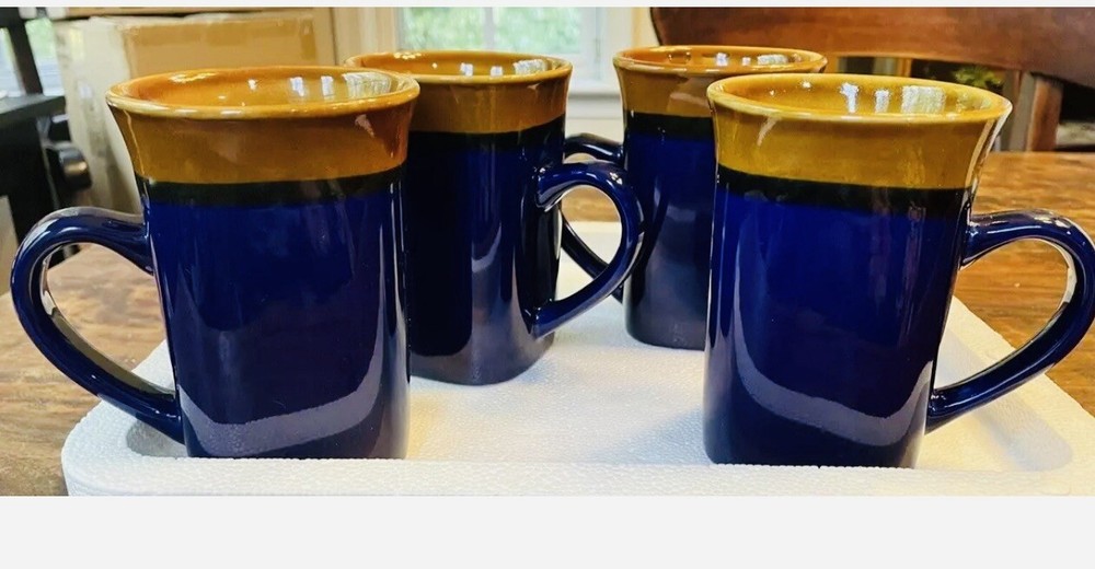 Royal Norfolk Navy Blue Brown Square Cocoa Coffee Mug 14oz Set of 4