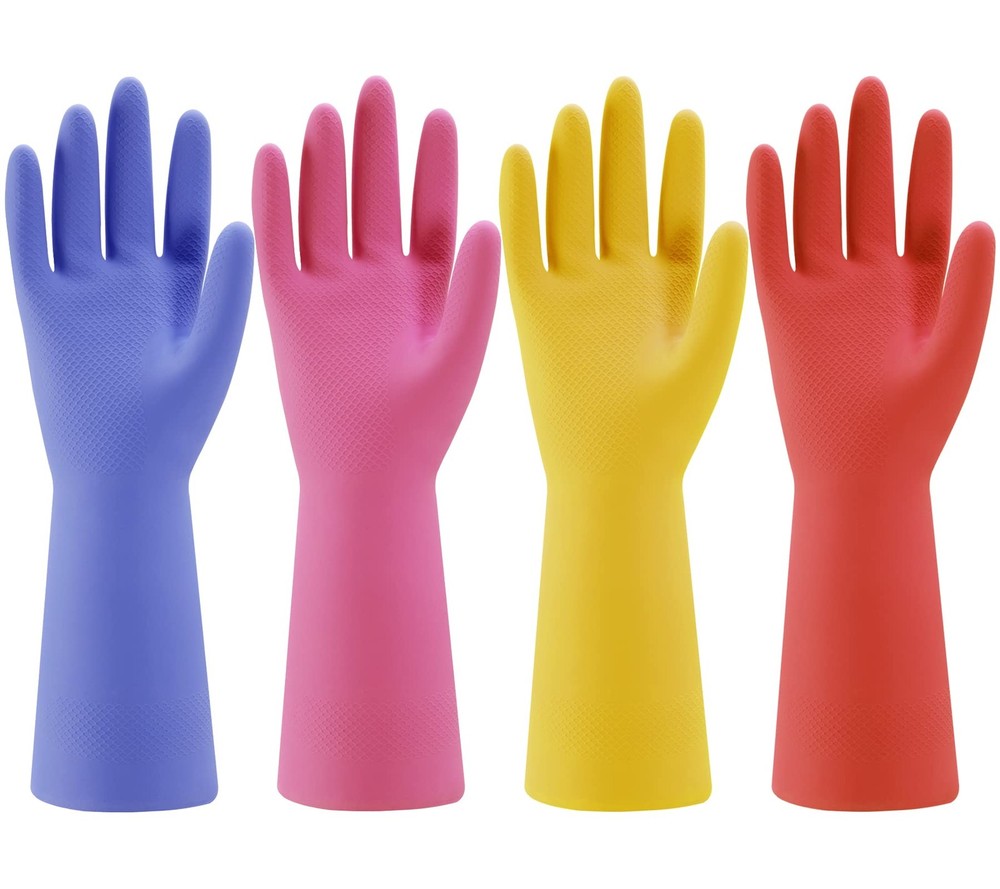 Colorful Reusable Rubber Kitchen Gloves - 4 Pairs for Dishwashing & Cleaning