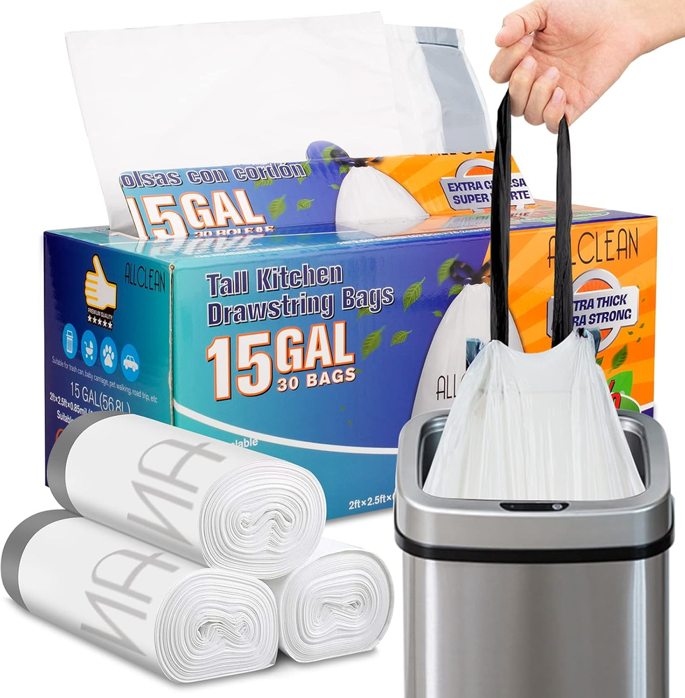 Trash Bags 15 Gallon Tall Kitchen, Drawstring Garbage Bags Recyclable Strong Lar