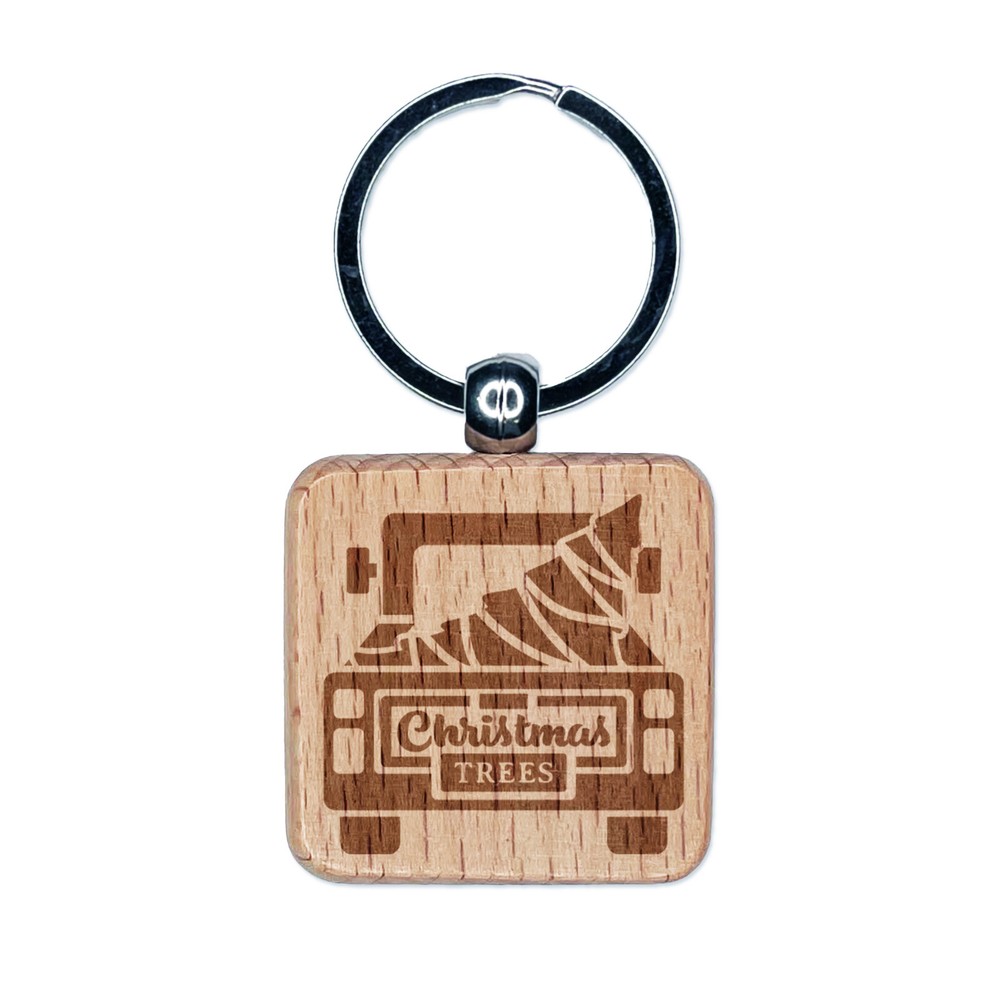 Christmas Tree Truck Engraved Wood Square Keychain Tag Charm