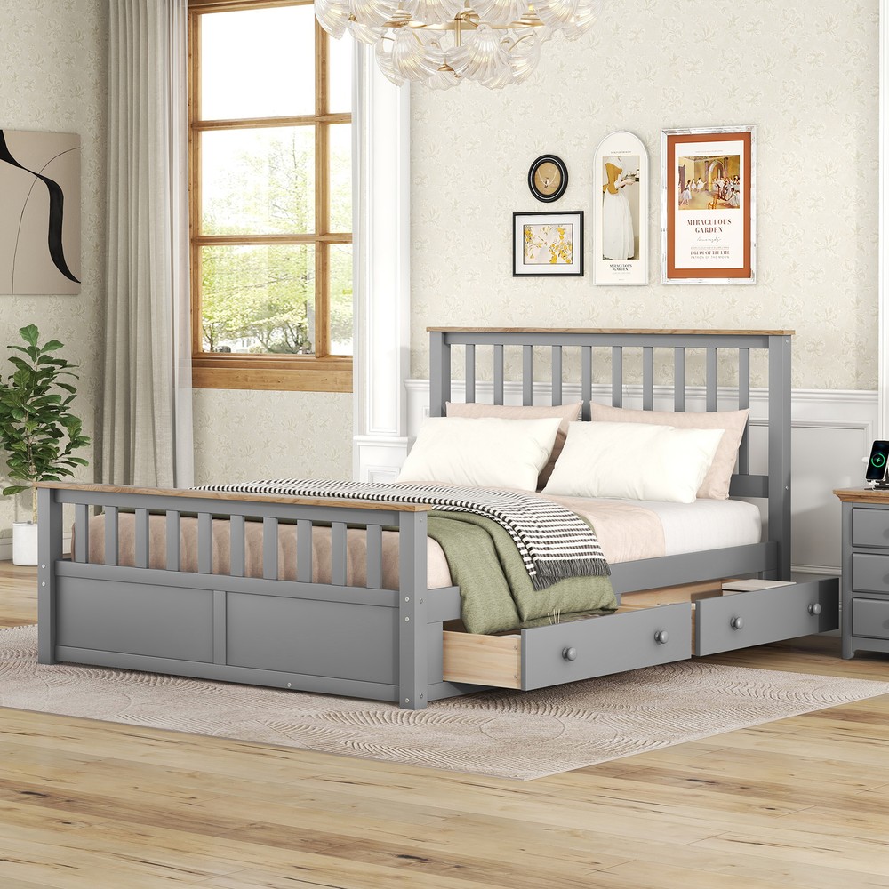 Queen Size Wood Platform Bed with Two Drawers and Wooden Slat Support,Gray+Natru