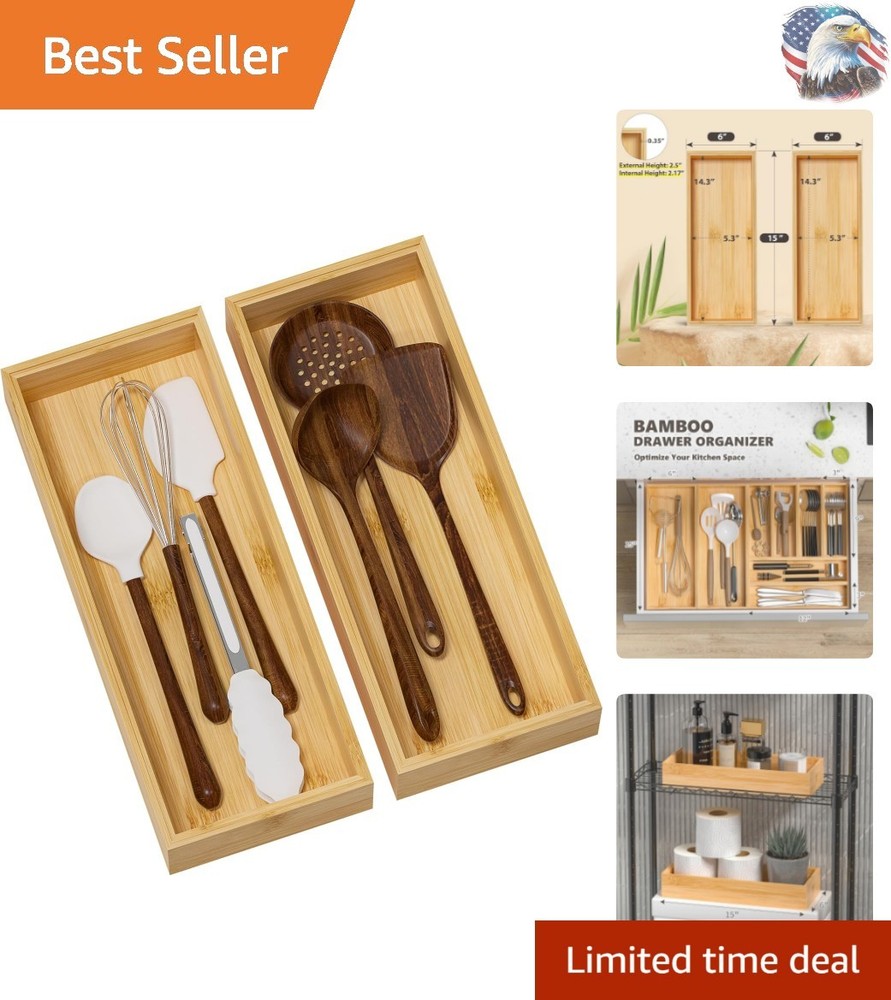 Elegant Stackable Bamboo Drawer Organizer Set with 2 Deep Compartments 15x6 Inches