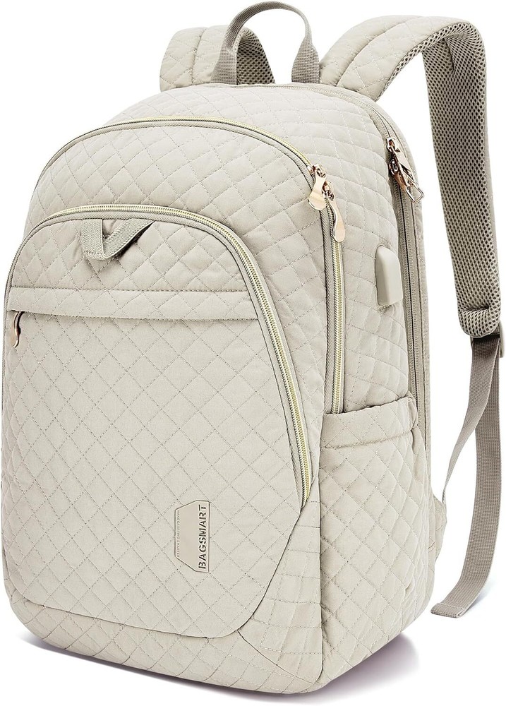 BAGSMART Travel Laptop Backpack Women, 15.6 Inch Anti Theft Beige