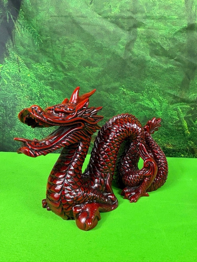 Vintage Chinese Carved Feng Shui Dragon Deep Red Resin Good Luck Statue