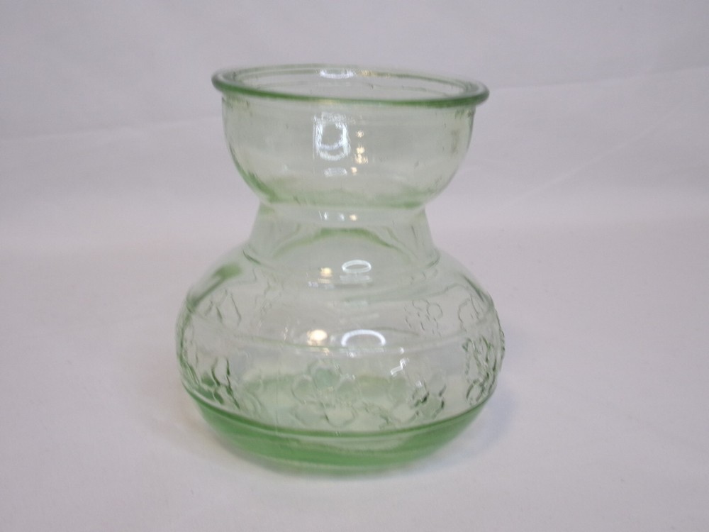 Clear Green Glass Hyacinth Bulb Forcing Vase with Embossed Flower Design 4 Inch