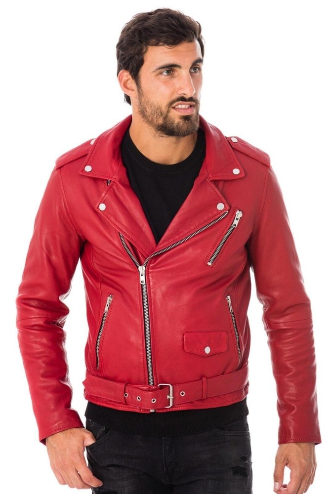 Mens Red Leather Jacket Cafe Racer Moto Biker Stylish Jacket Gift For Him MMJ1e
