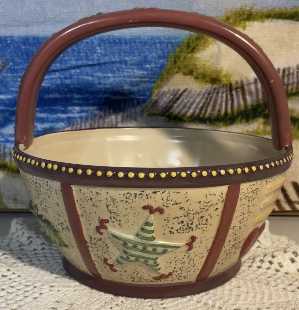 Pfaltzgraff Ceramic Bowl with Handle Featuring Star Hearts Holly Berries Design