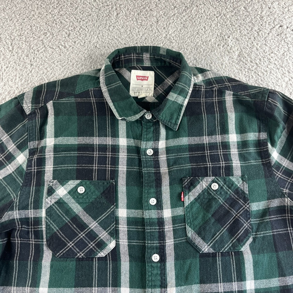 Levi's Shirt Mens Medium Green White Plaid Flannel Button Up Outdoors Casual