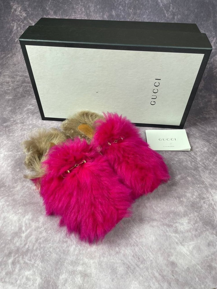 GUCCI Princetown Pink / Beige Faux Fur Mules Womens 36.5 Made in Italy