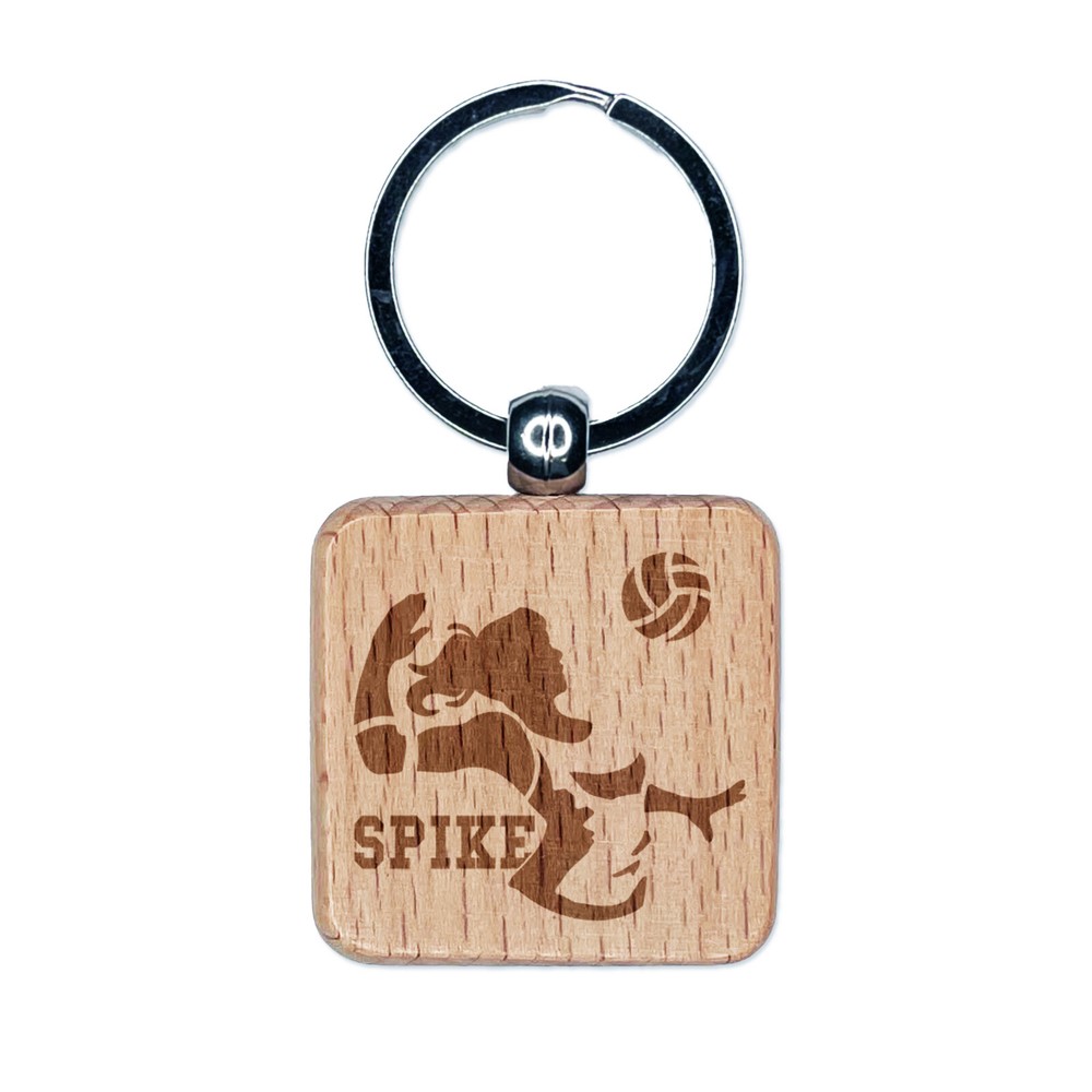 Volleyball Woman Spike Sports Engraved Wood Keychain Charm Tag