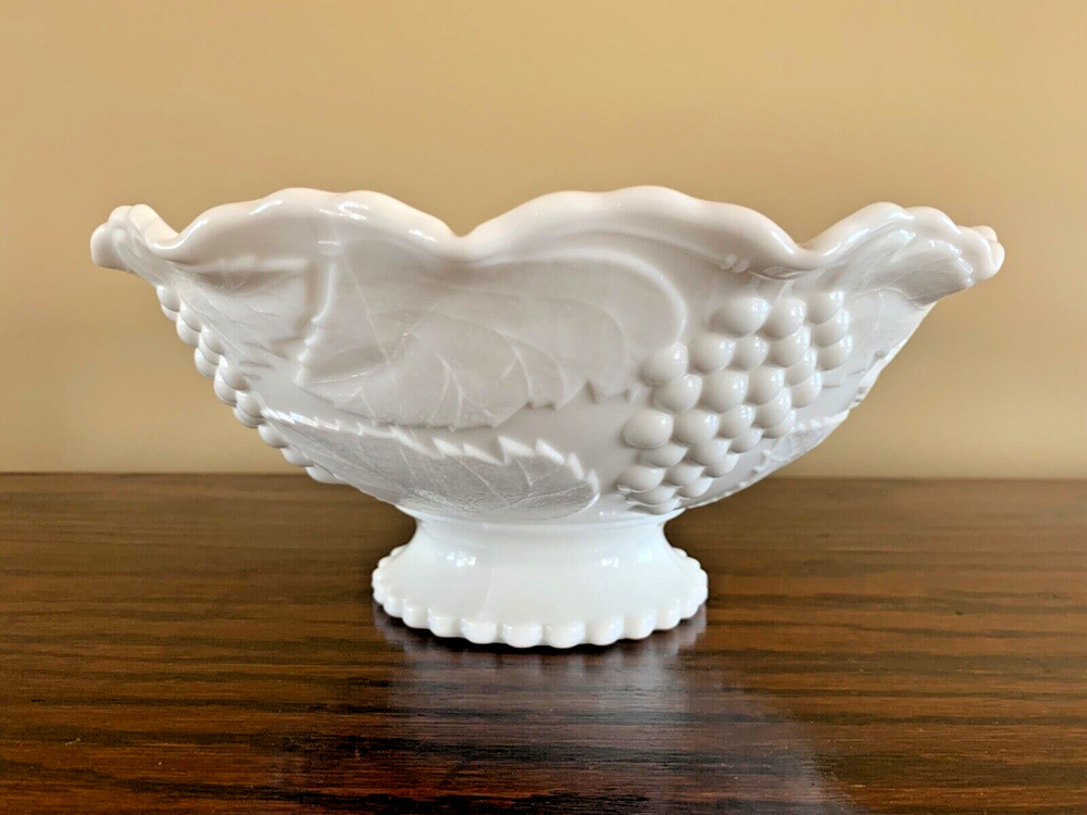 Vintage L E Smith White Milk Glass 10 Inch Fluted Pedestal Bowl with Grapes & Leaves Design