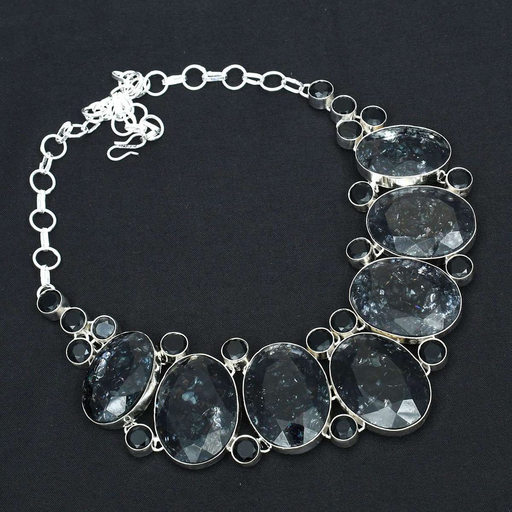 Snake Skin Quartz Black Onyx Gemstone Handmade Big Necklace Jewelry 127 Gms LBN-