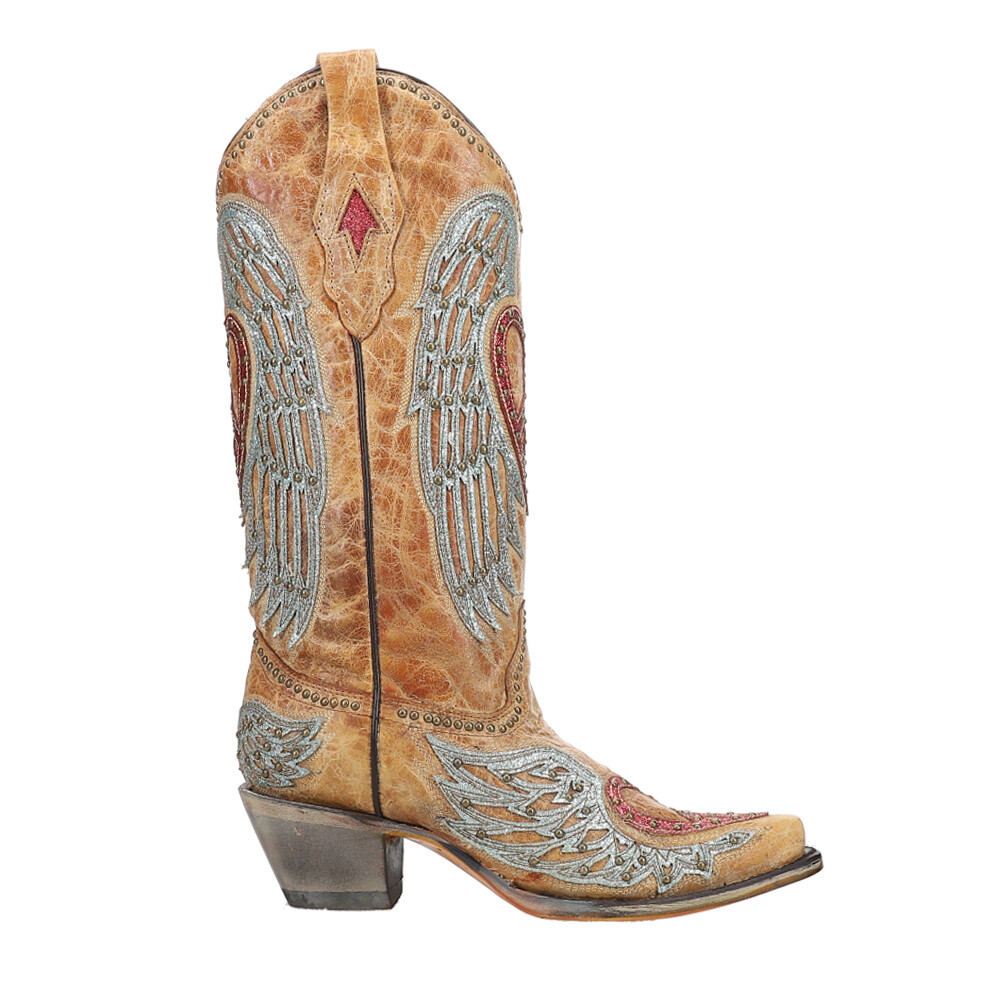 Heart & Wings Embroidered Studded Snip Toe Cowboy Boots - Brown Corral Womens