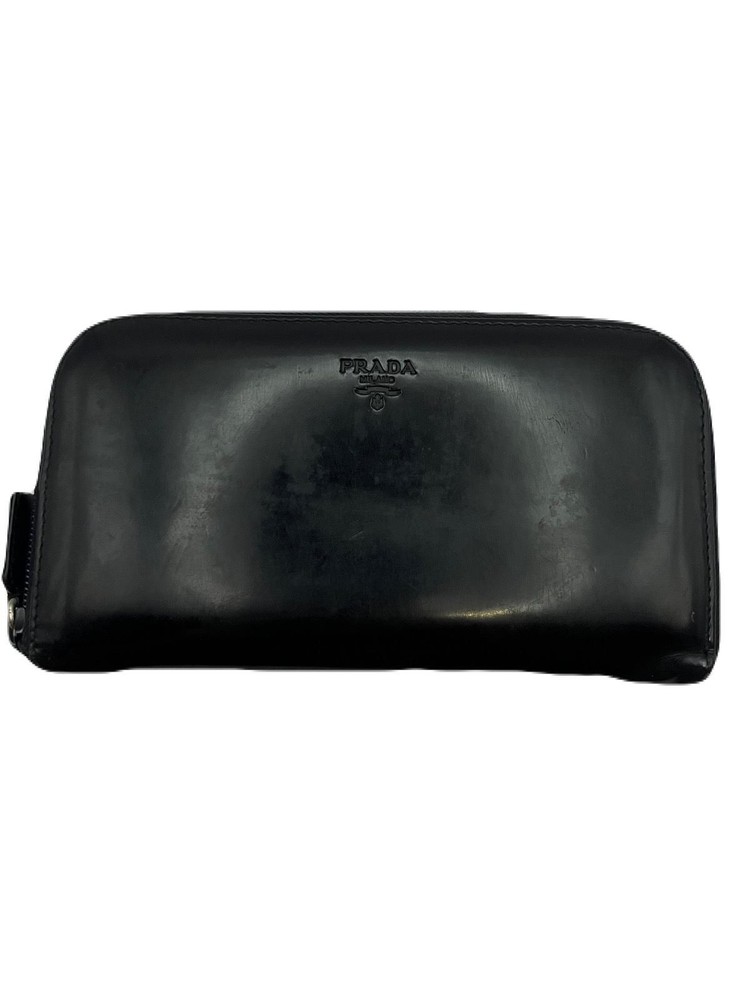 Prada Round Zip Long Wallet Black Patent Leather Preowned E0626-3