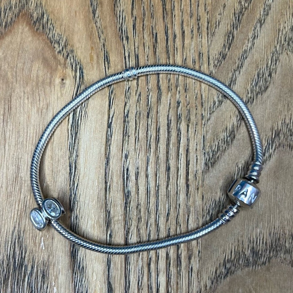 Pandora Sterling Silver Charm Bracelet Featuring CZ Spacer Bead and Barrel Clasp