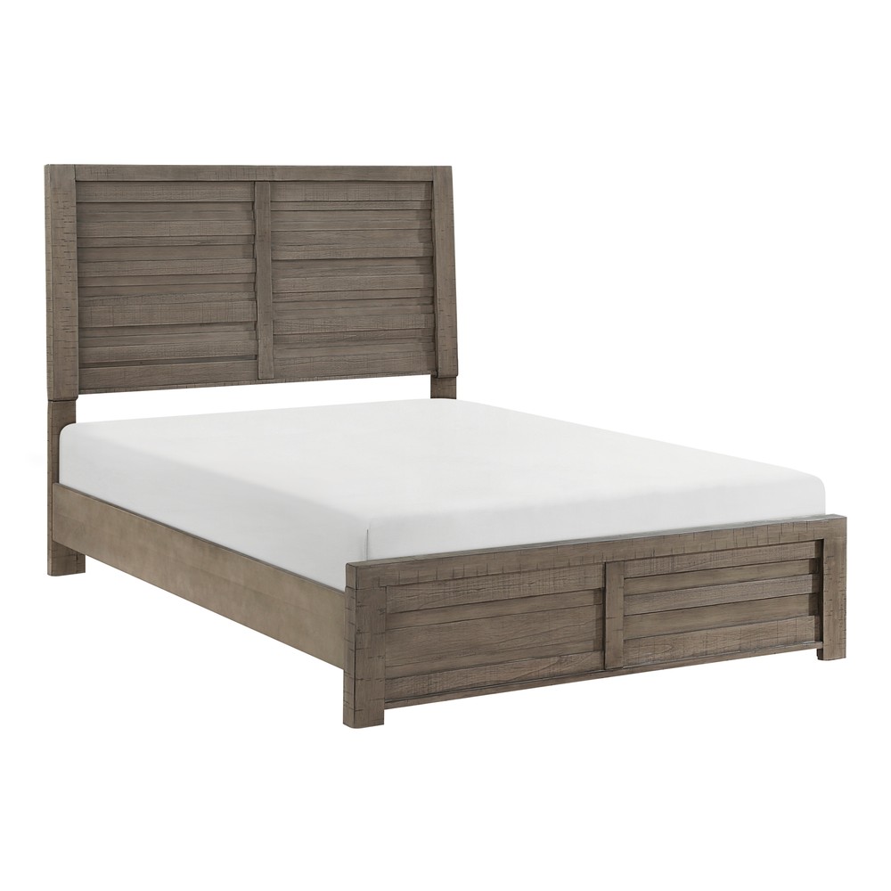 Rustic Gray Finish Full Size Wood Panel Bed Solid Planke Furniture
