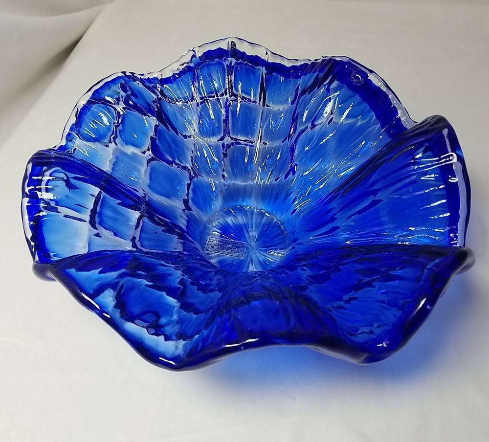 Murano Cobalt Blue Blue And Clear Vetro Eseguito Art Glass Bowl Scalloped Italy
