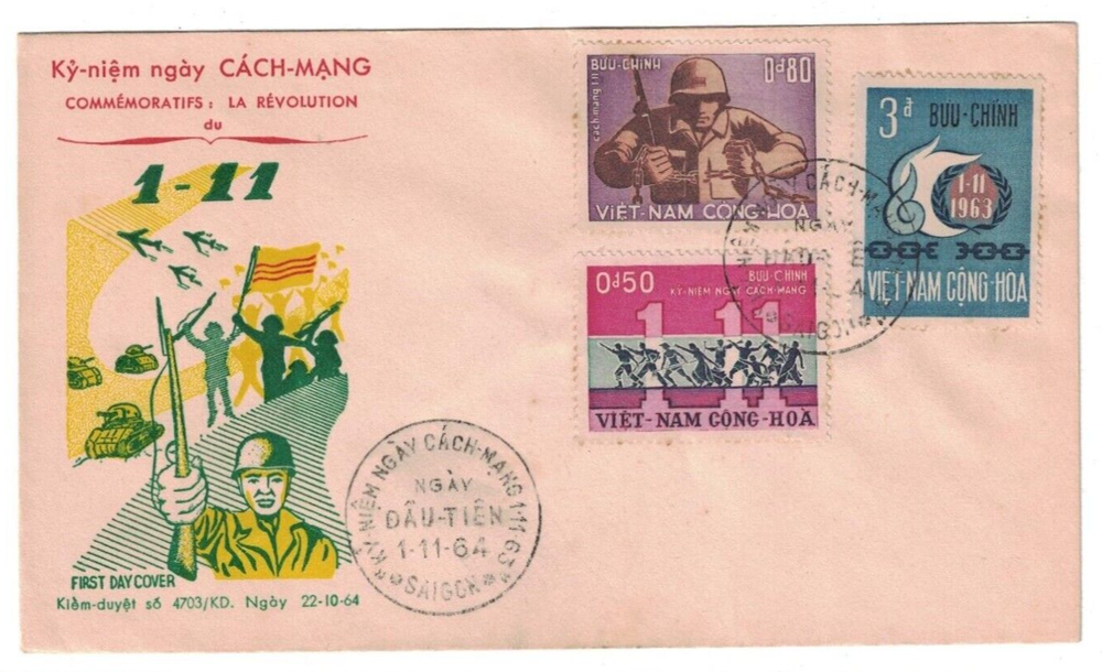 1964 VIETNAM FDC COMMEMORATING LA REVOLUTION 3 STAMPS 2 CANCELS & COLOR CACHET