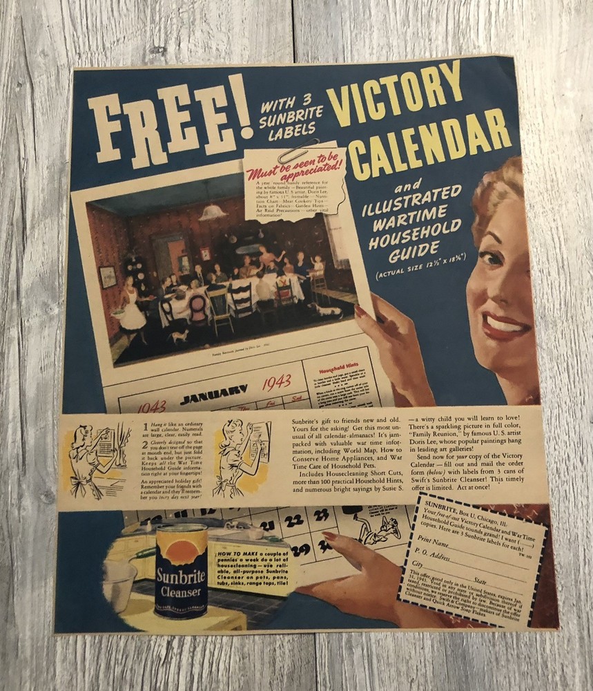 VTG 1940’s Sunbrite Cleanser Wartime Victory Calendar Magazine Ad 0C25