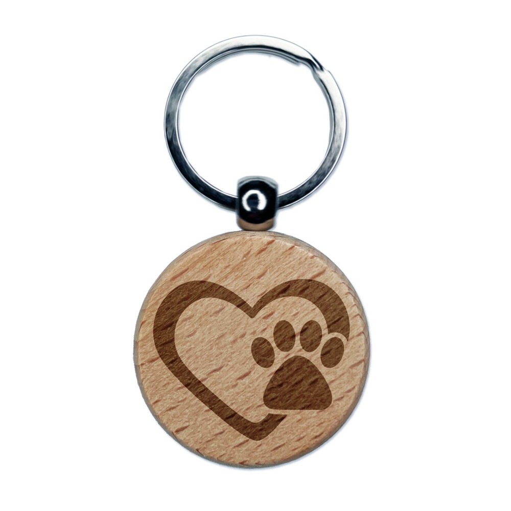 Paw Print Heart Engraved Wooden Keychain Tag Charm