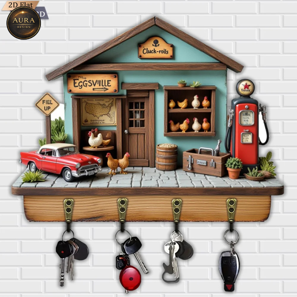 30cm Wall Key Holder – Vintage Country Style 2D Organizer 4 Hooks Entrance