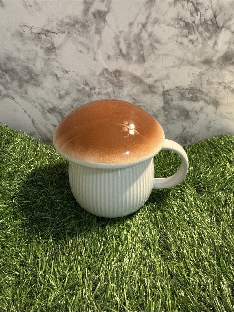 World Market 10oz Brown Mushroom Cap Coffee Mug with Lid for Tea or Hot Drinks