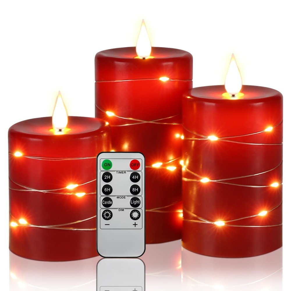 Red Flameless LED Candles with String Lights Battery Operated Decorative Candles