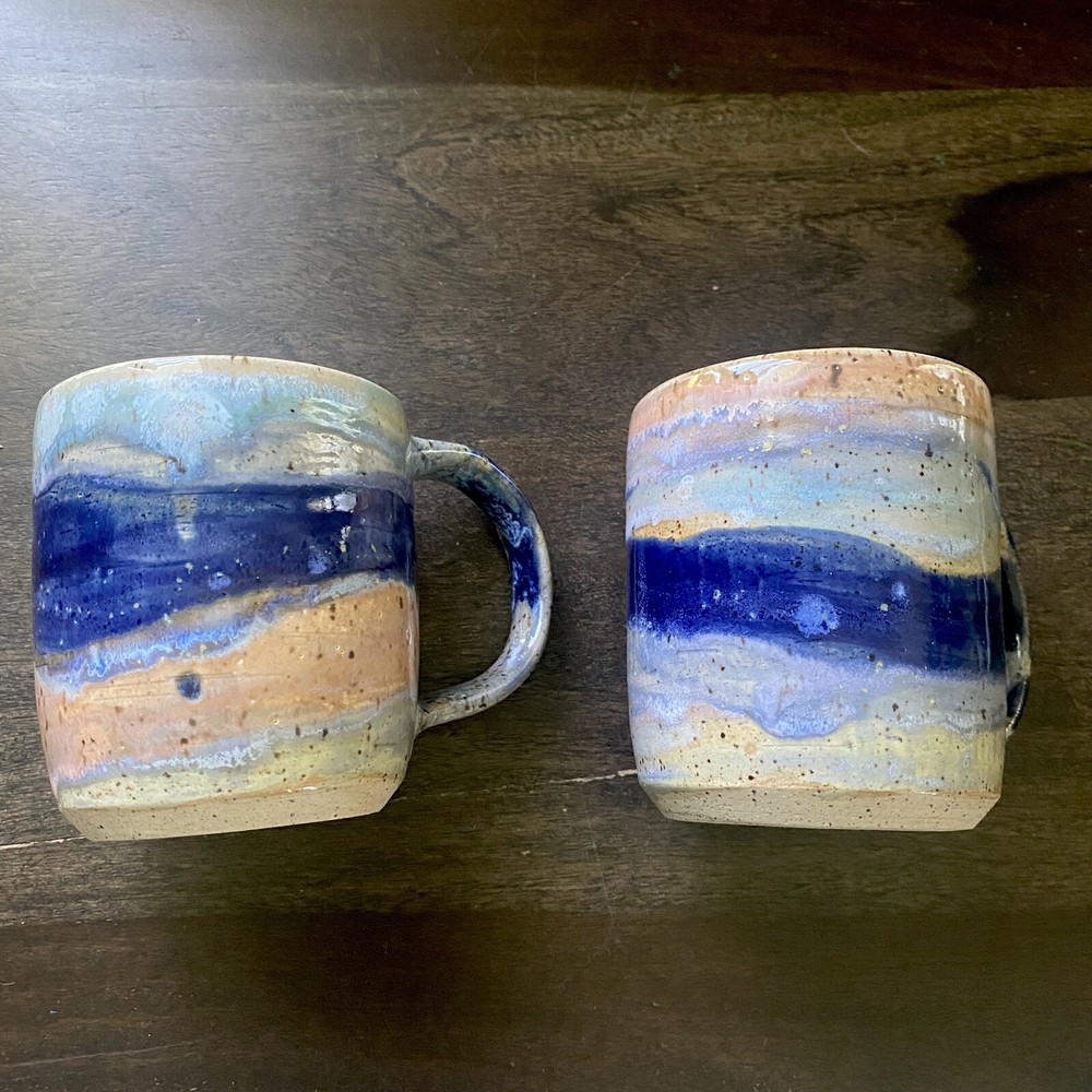 Signed Studio Pottery Art Mugs Landscape Abstract Set Of 2 Ocean Inspired 12 Oz