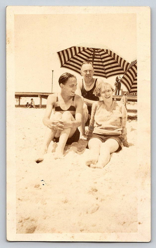 Vintage Antique Family Beach Photo with Men Women and Umbrella Vintage Antique Family Beach Photo with Men Women and Umbrella
