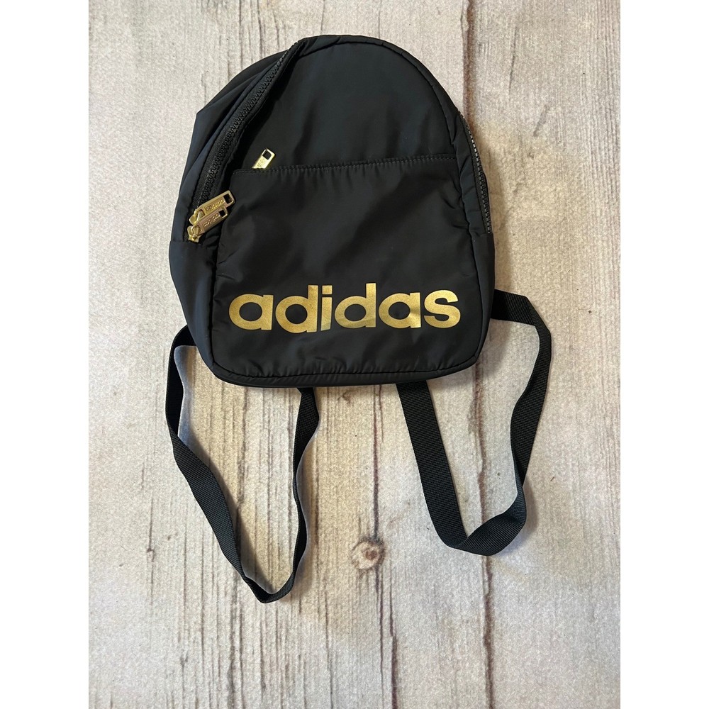 Adidas Mini Backpack Black Gold Logo Quilted Nylon Adjustable Straps Women
