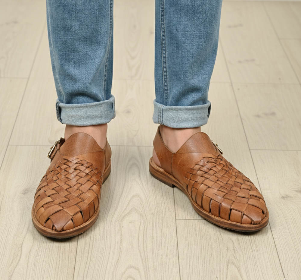 Men's Handwoven Leather Huarache Sandals - Tan Brown Mexican Style Slip-On Flats