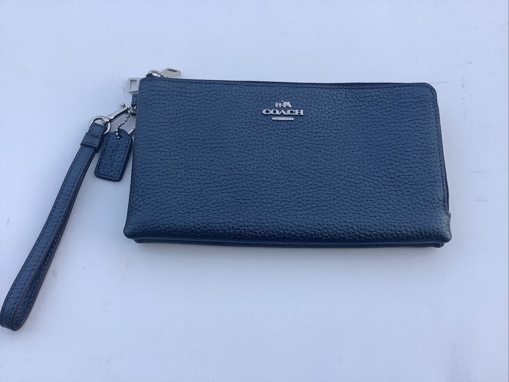 Coach Pebbled Metallic Leather Double Zip Wallet Clutch in Metallic Blue F53583