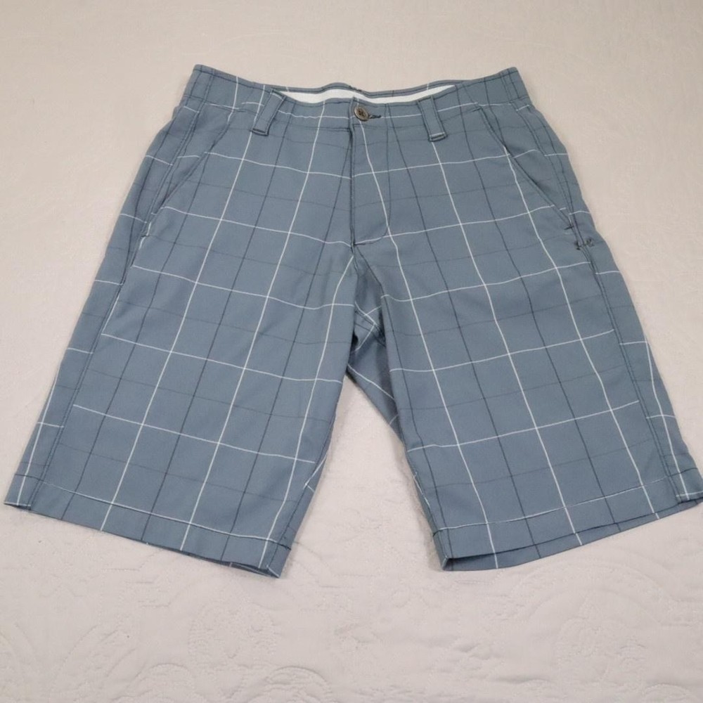 Under Armour Match Play Shorts Men 30 Blue Plaid Golf HeatGear Stretch 10 Inseam