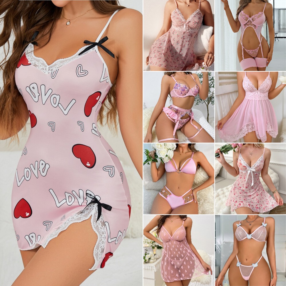 Valentine's Sexy Lingerie Sleepwear Lace Women Underwear Babydoll Pink Costume