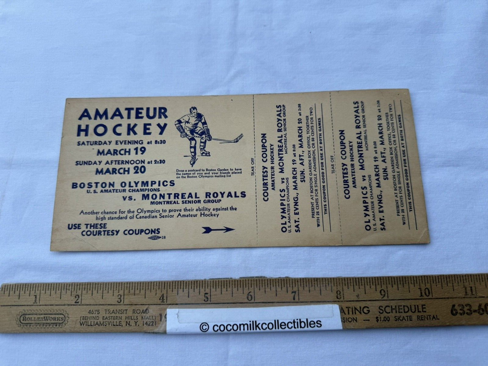 1940's Courtesy Coupon Ticket Amateur Hockey Boston Olympics Montreal Royals-image