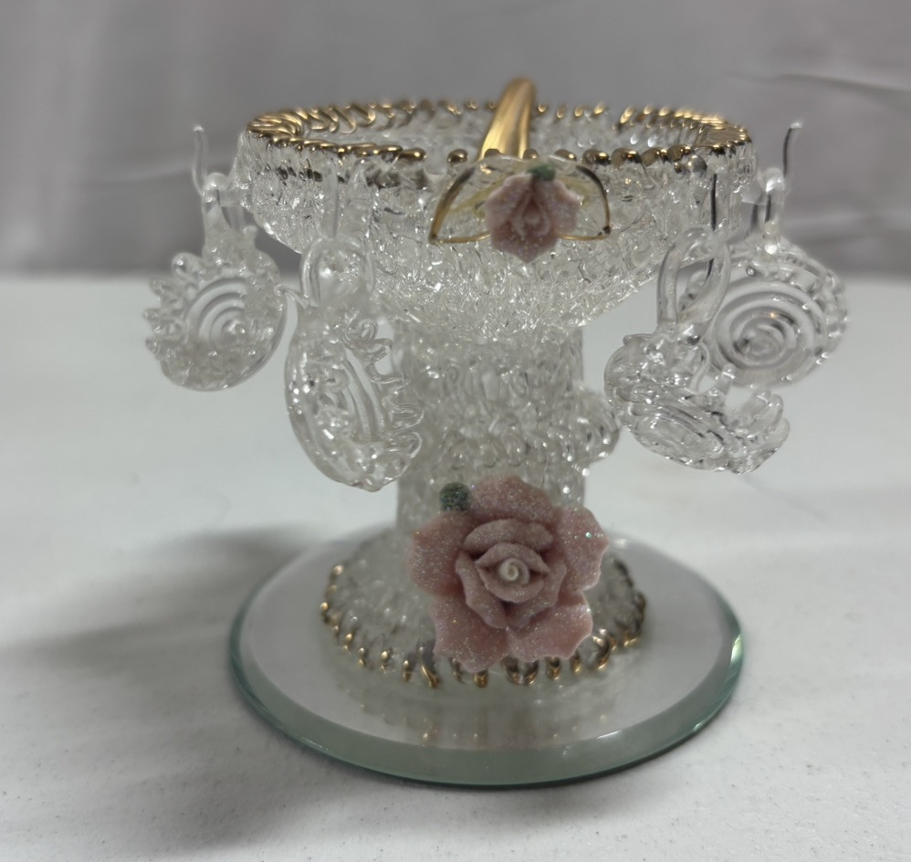 Glass Baron Standing Punch Bowl With Gold Plated Trim/Pink Rose/Ladle And 6 Cups