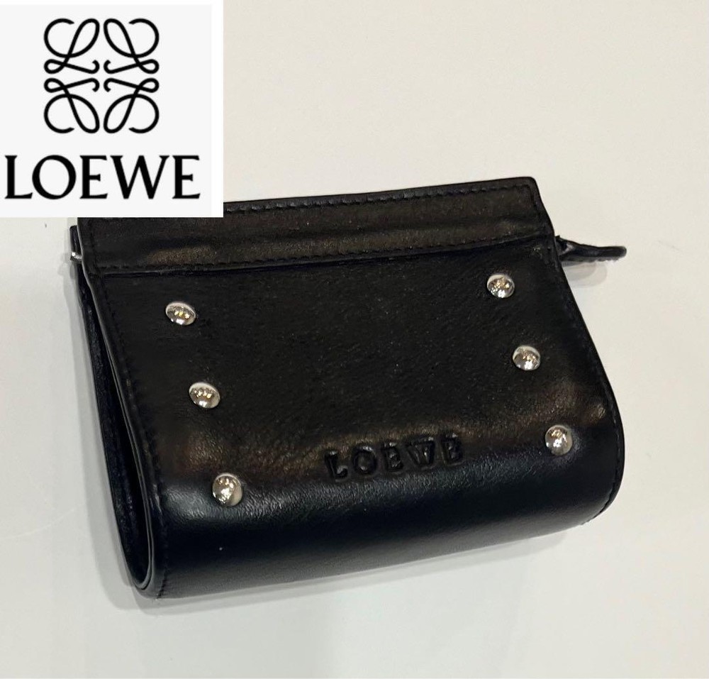 Loewe Black Leather Studded Coin Case Logo Wallet Purse
