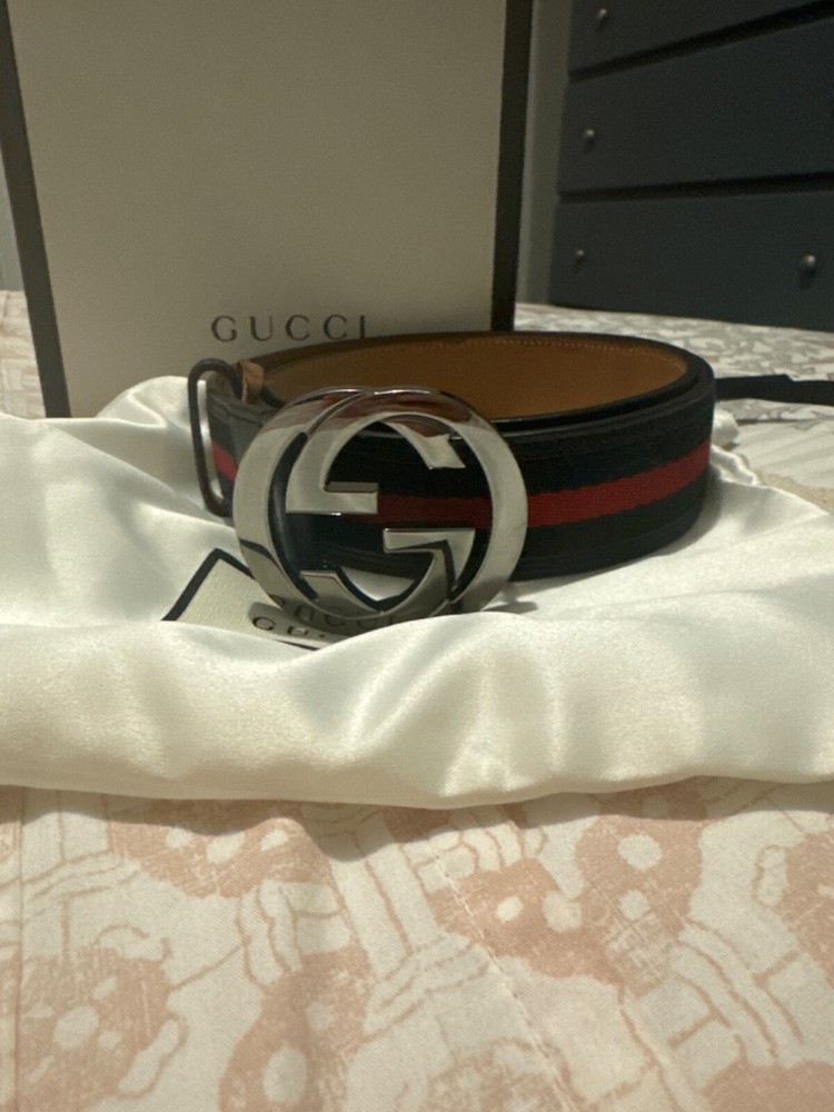 Authentic Gucci Belt Navy with Red Stripe and Silver Buckle