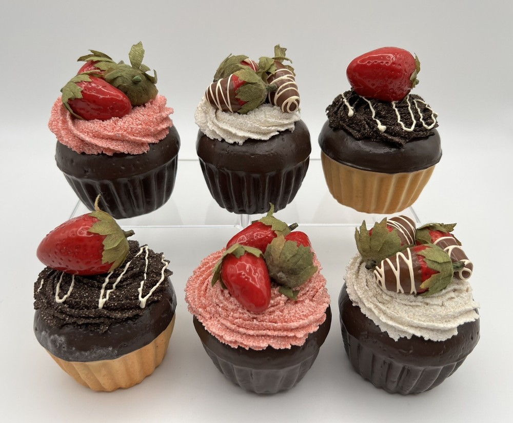 6 Fake Cupcakes with Strawberries for Display or Play Realistic Food Décor Prop
