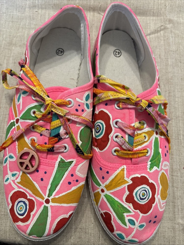 Women’s Hand Painted Sneakers Size 42, With Floral Design And Peace Charm