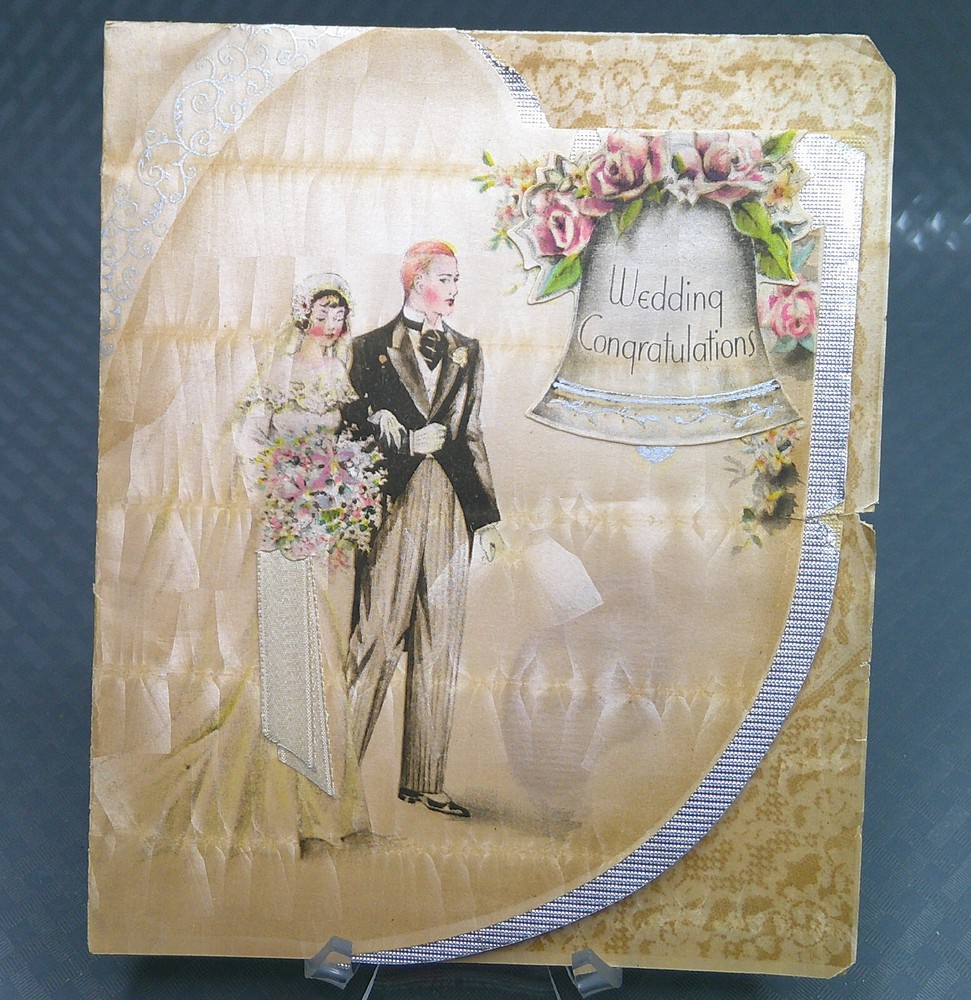 Vintage 1939 1930s Wedding Card Bride Groom Bell Rose Ribbon Foil Textured Paper