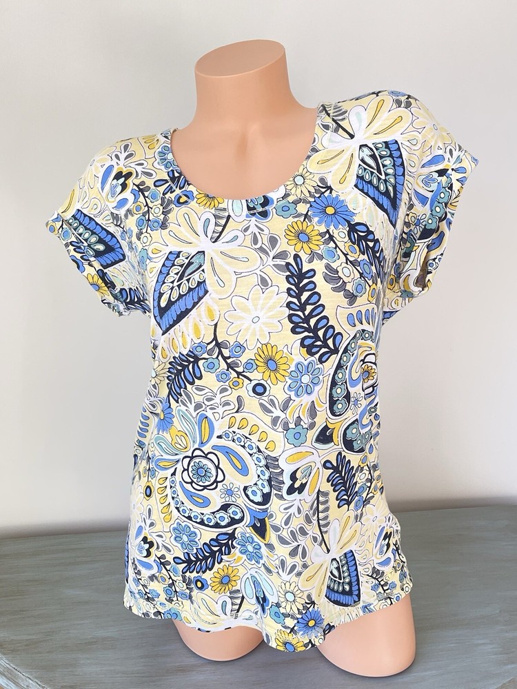 Talbots T-Shirt Yellow Blue Floral Short Sleeve Coastal Spring Top