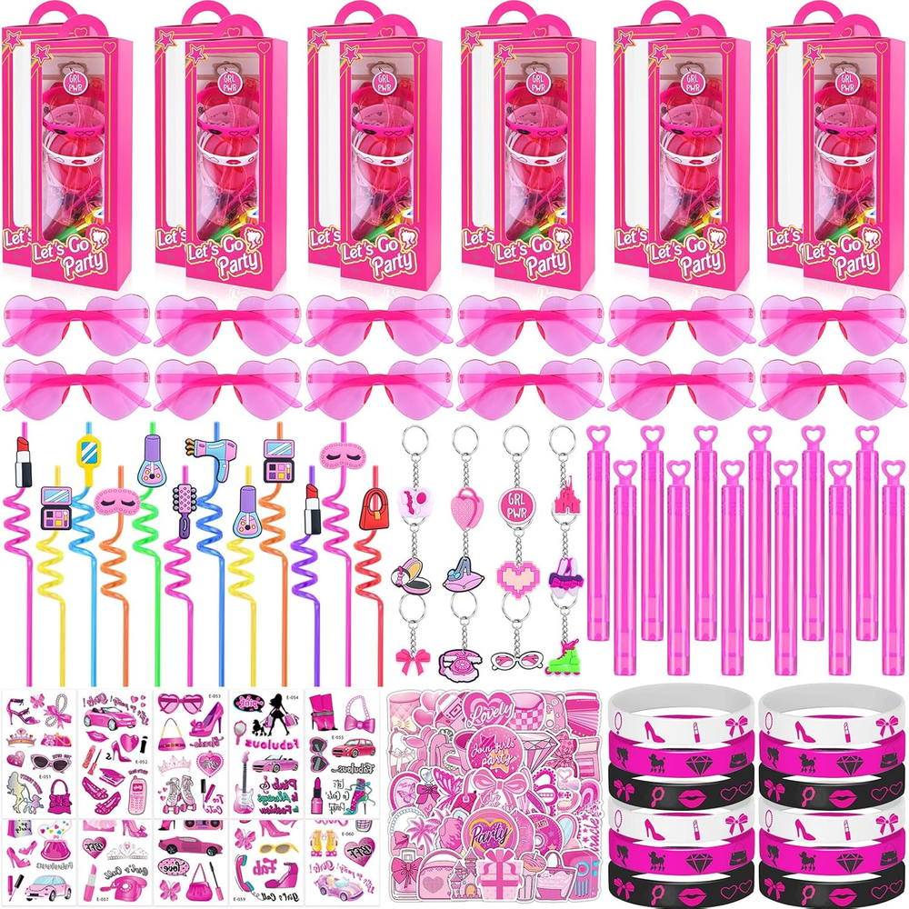 132Pcs Pink Girls Party Favors Pack with Heart Glasses Stickers & More