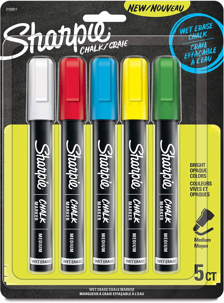 Colorful 5-Pack Wet Erase Chalk Markers for Boards & Glass